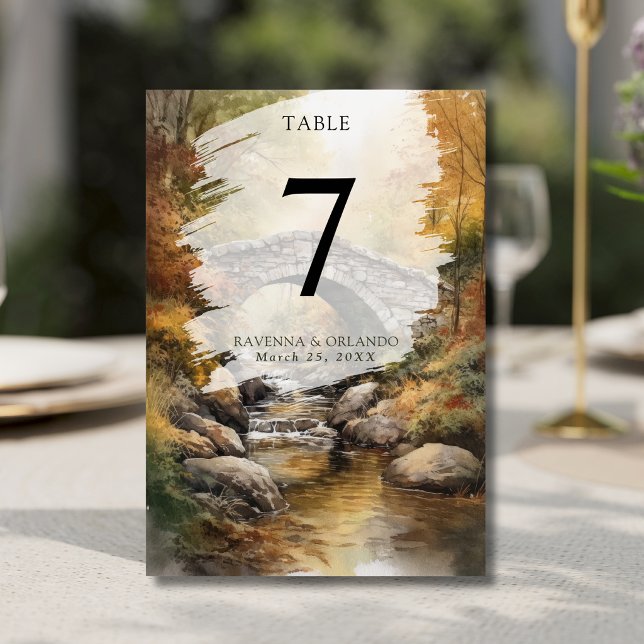 Autumn Stone Bridge River Leaves Fall Wedding Table Number (Creator Uploaded)