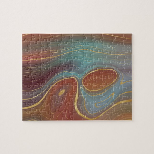 Autumn Strata | Burnt Orange Gold Teal Fall Agate Jigsaw Puzzle (Horizontal)
