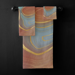 Autumn Strata Terra Cotta Teal and Gold Agate Bath Towel Set
