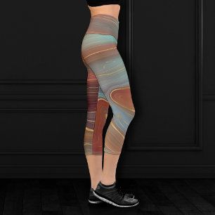 Autumn Strata Terra Cotta Teal and Gold Agate Capri Leggings