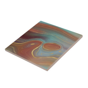 Autumn Strata   Terra Cotta Teal and Gold Agate Ceramic Tile