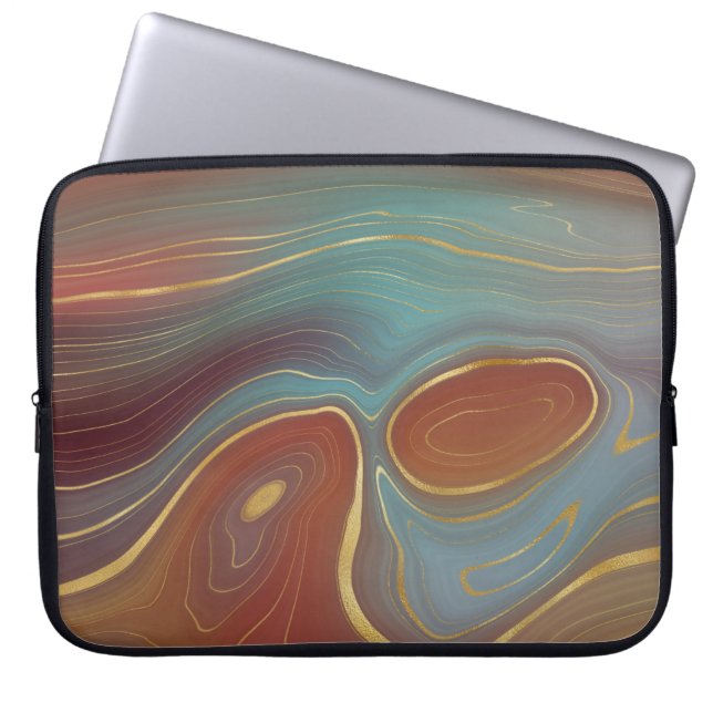 Autumn Strata | Terra Cotta Teal and Gold Agate Laptop Sleeve (Front)