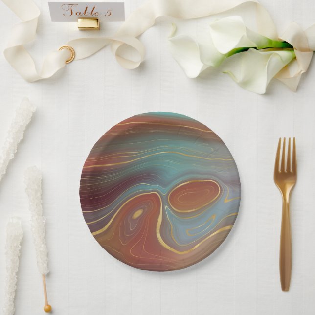 Autumn Strata | Terra Cotta Teal and Gold Agate Paper Plate (Wedding)