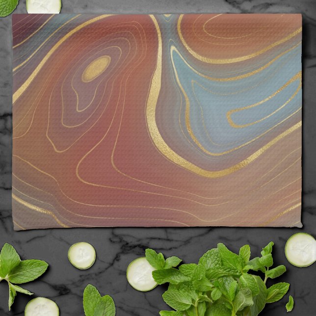 Autumn Strata | Terra Cotta Teal and Gold Agate Tea Towel (Creator Uploaded)