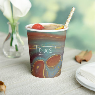 Autumn Strata Terra Cotta Teal and Gold Monogram Paper Cups