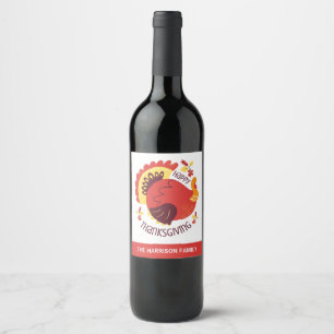 Autumn Stylised Sitting Turkey Happy Thanksgiving Wine Label