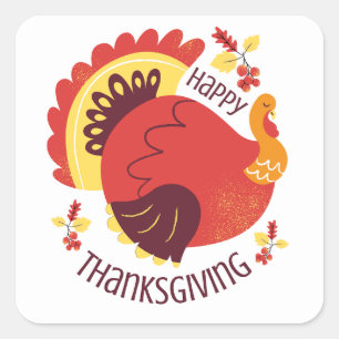 Autumn Stylized Sitting Turkey Happy Thanksgiving Square Sticker