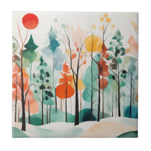 Autumn Sun High, Abstract Watercolor Forest Ceramic Tile