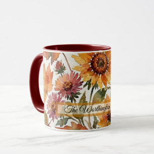 Autumn Sunflower and Maple Leaf Watercolor Bouquet Mug