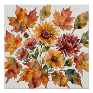 Autumn Sunflower and Maple Leaf Watercolor Bouquet Poster