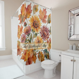 Autumn Sunflower and Maple Leaf Watercolor Bouquet Shower Curtain