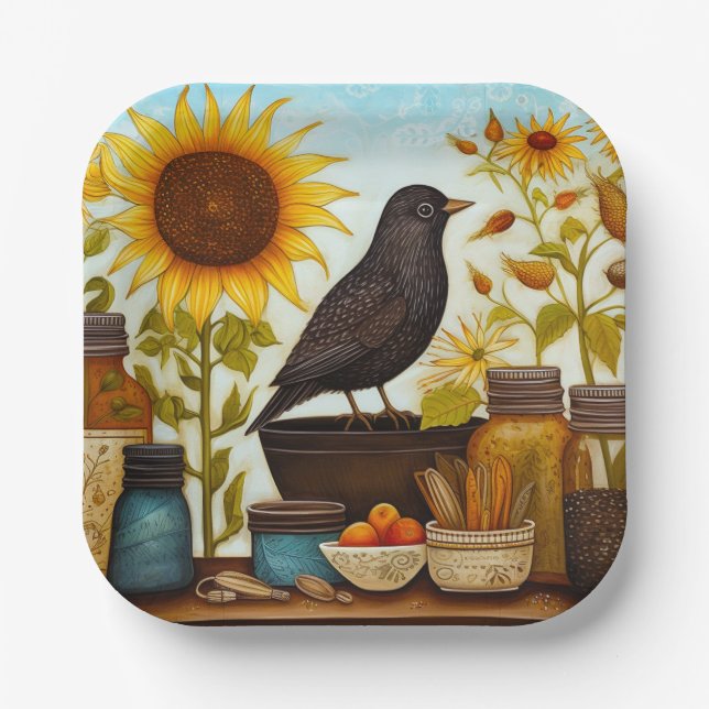 Autumn Sunflower Bird On Kitchen Table Decoupage Paper Plate (Front)
