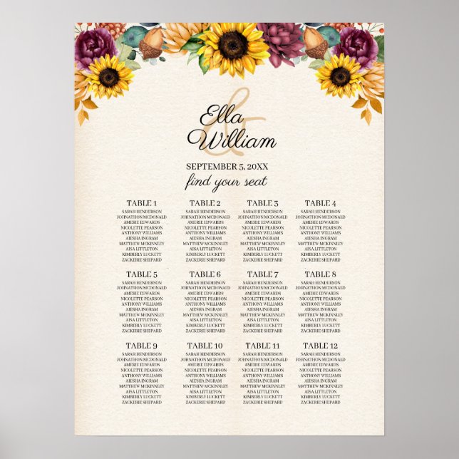 Autumn Sunflower Floral Wedding Seating Chart (Front)