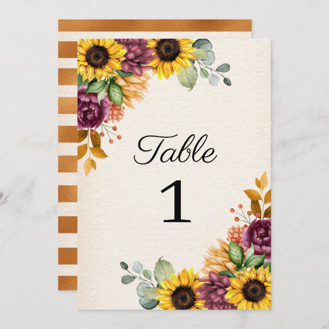 Autumn Sunflower Floral Wedding Table Number (Front/Back)