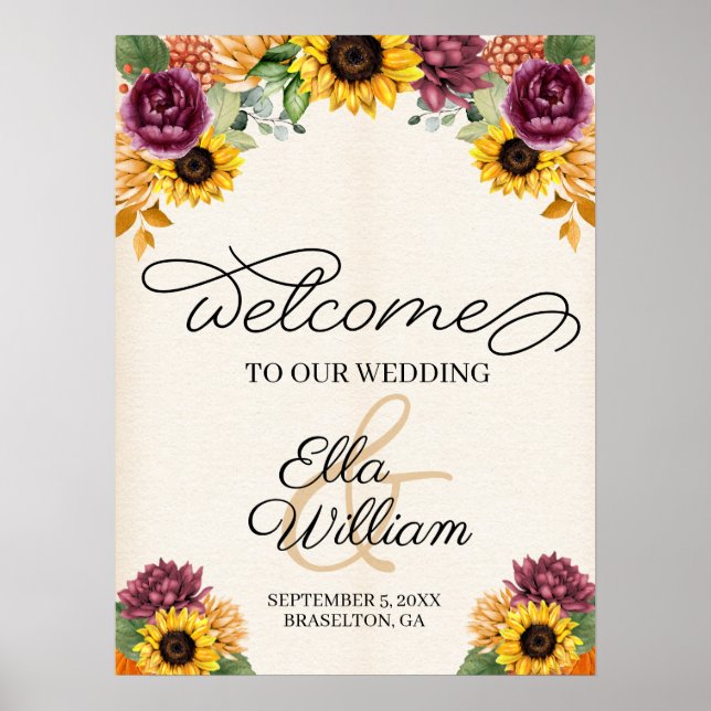 Autumn Sunflower Floral Wedding Welcome Sign (Front)