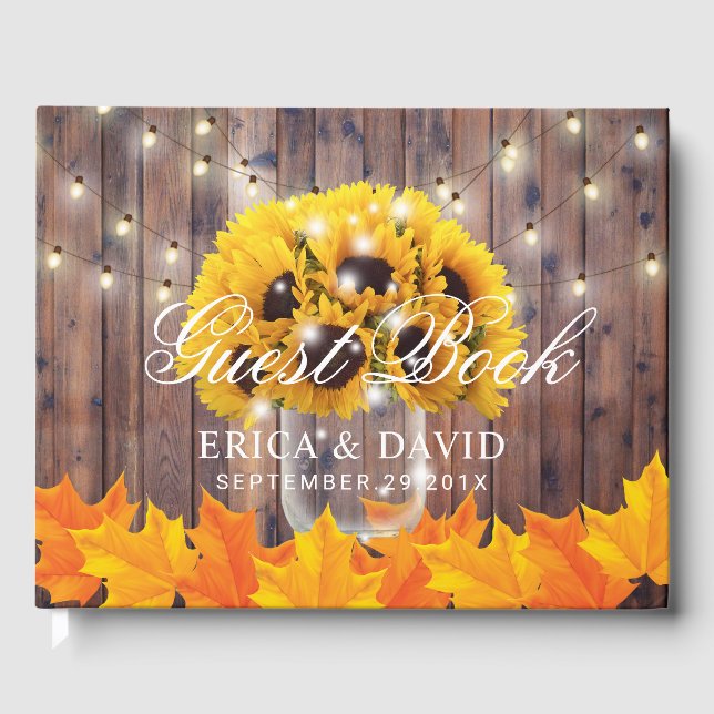 Autumn Sunflower Jar String Lights Rustic Wedding Guest Book (Front)
