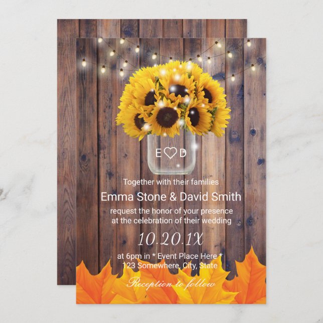 Autumn Sunflower Jar String Lights Rustic Wedding Invitation (Front/Back)