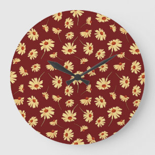 Autumn Sunflower: Maroon Seamless Design Large Clock