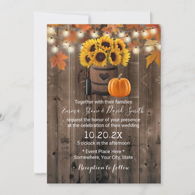 Autumn Sunflower & Pumpkin Rustic Fall Wedding Invitation (Front)