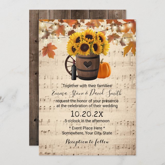 Autumn Sunflower & Pumpkin Vintage Musical Wedding Invitation (Front/Back)