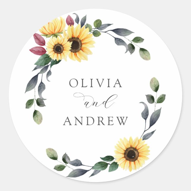 Autumn Sunflower Wedding Classic Round Sticker (Front)