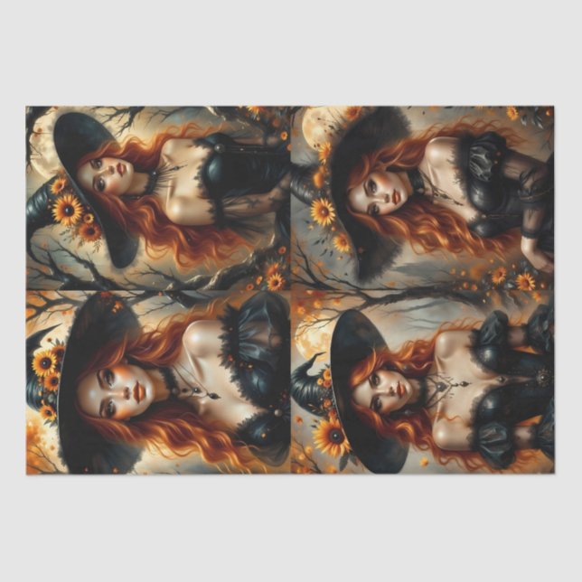 Autumn Sunflower Witch with Fiery Red Hair Tissue Paper (Front)