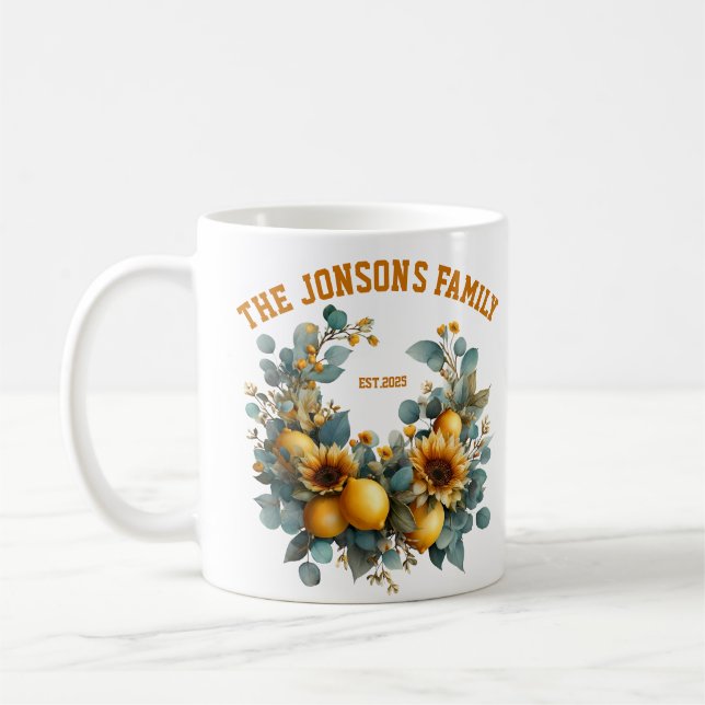 Autumn Sunflowers and Lemons Family Decor Coffee Mug (Left)