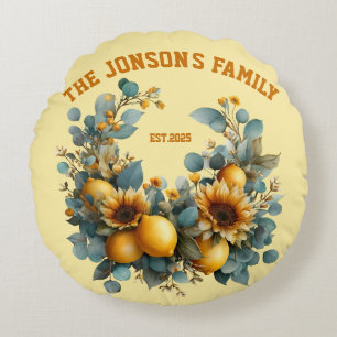 Autumn Sunflowers and Lemons Family Decor Round Cushion