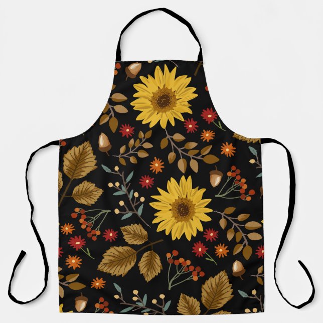 Autumn Sunflowers: Maple Black Background Apron (Front)