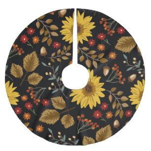 Autumn Sunflowers: Maple Black Background Brushed Polyester Tree Skirt