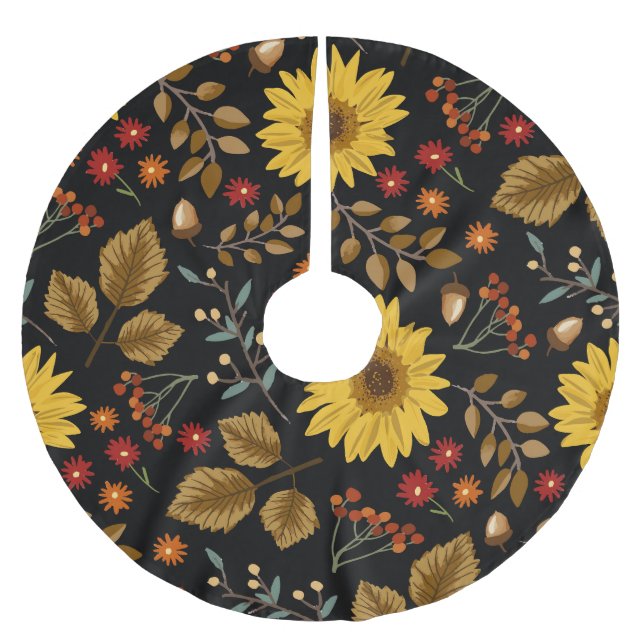 Autumn Sunflowers: Maple Black Background Brushed Polyester Tree Skirt (Front)