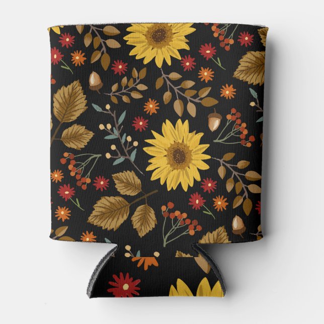 Autumn Sunflowers: Maple Black Background Can Cooler (Front)