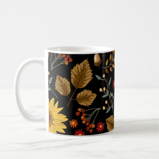 Autumn Sunflowers: Maple Black Background Coffee Mug (Left)