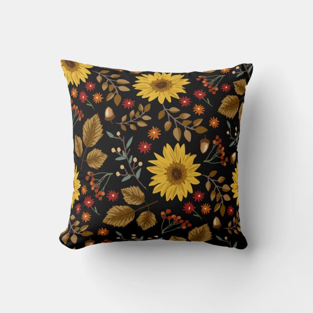 Autumn Sunflowers: Maple Black Background Cushion (Front)