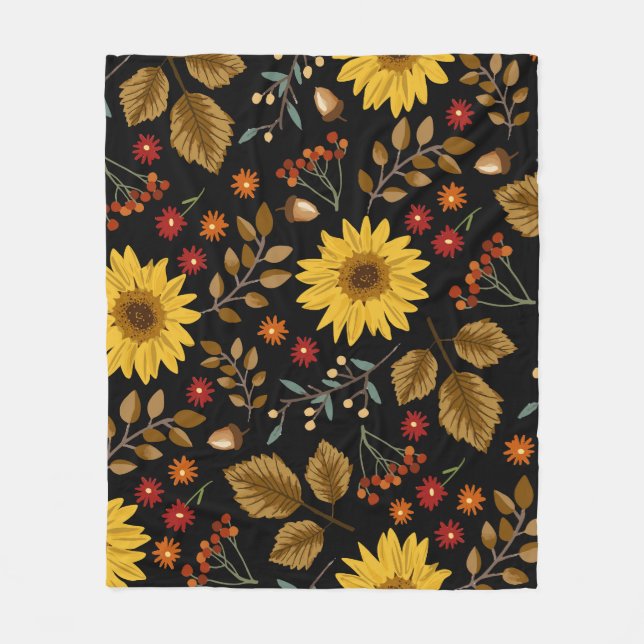 Autumn Sunflowers: Maple Black Background Fleece Blanket (Front)