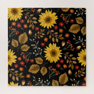 Autumn Sunflowers: Maple Black Background Jigsaw Puzzle