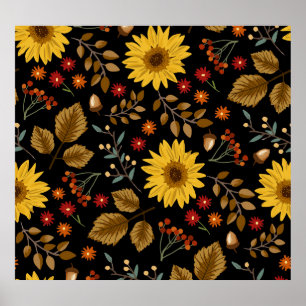Autumn Sunflowers: Maple Black Background Poster