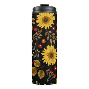 Autumn Sunflowers: Maple Black Background Thermal Tumbler