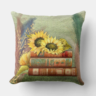 Autumn Sunflowers On Stacked Books Cushion