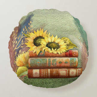 Autumn Sunflowers On Stacked Books Round Cushion