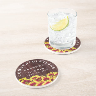 Autumn Sunflowers on Wooden Fence Wedding Coaster