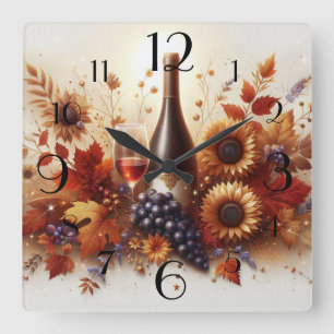 Autumn Sunflowers, Wine and Grapes  Square Wall Clock