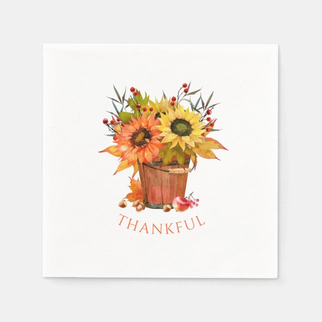 Autumn Sunflowers Wooden Bucket Thankful Napkin (Front)