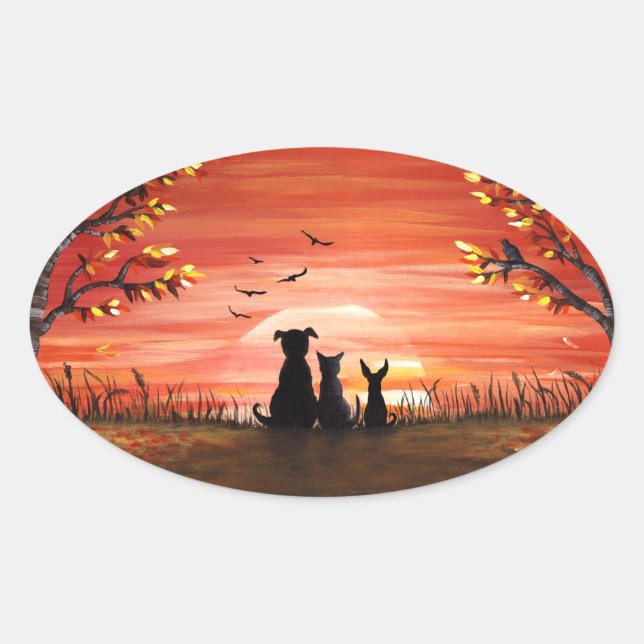 Autumn Sunset Dogs and Cat Pets Oval Sticker (Front)