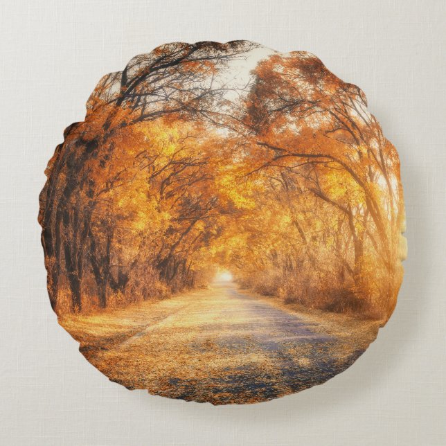 Autumn Sunset: Forest Road Scenery. Round Cushion (Front)