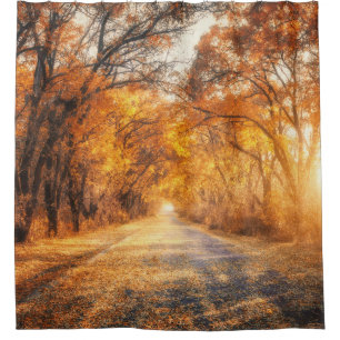 Autumn Sunset: Forest Road Scenery. Shower Curtain