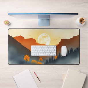 Autumn Sunset Mountain Desk Mat – Cozy Full Moon N