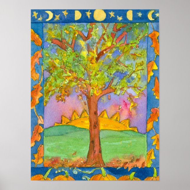 Autumn Sunset Tree Watercolor Landscape Painting Poster (Front)