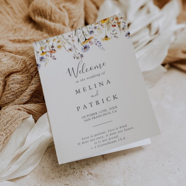 Autumn Sunshine Elegant Wildflower Folded Wedding Program (Creator Uploaded)