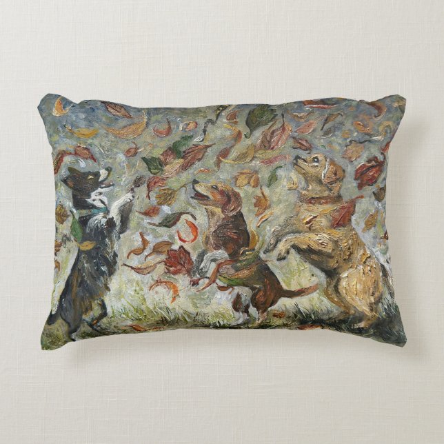 Autumn Tailwag Whimsical Golden Retriever Dogs Oil Decorative Cushion (Front)